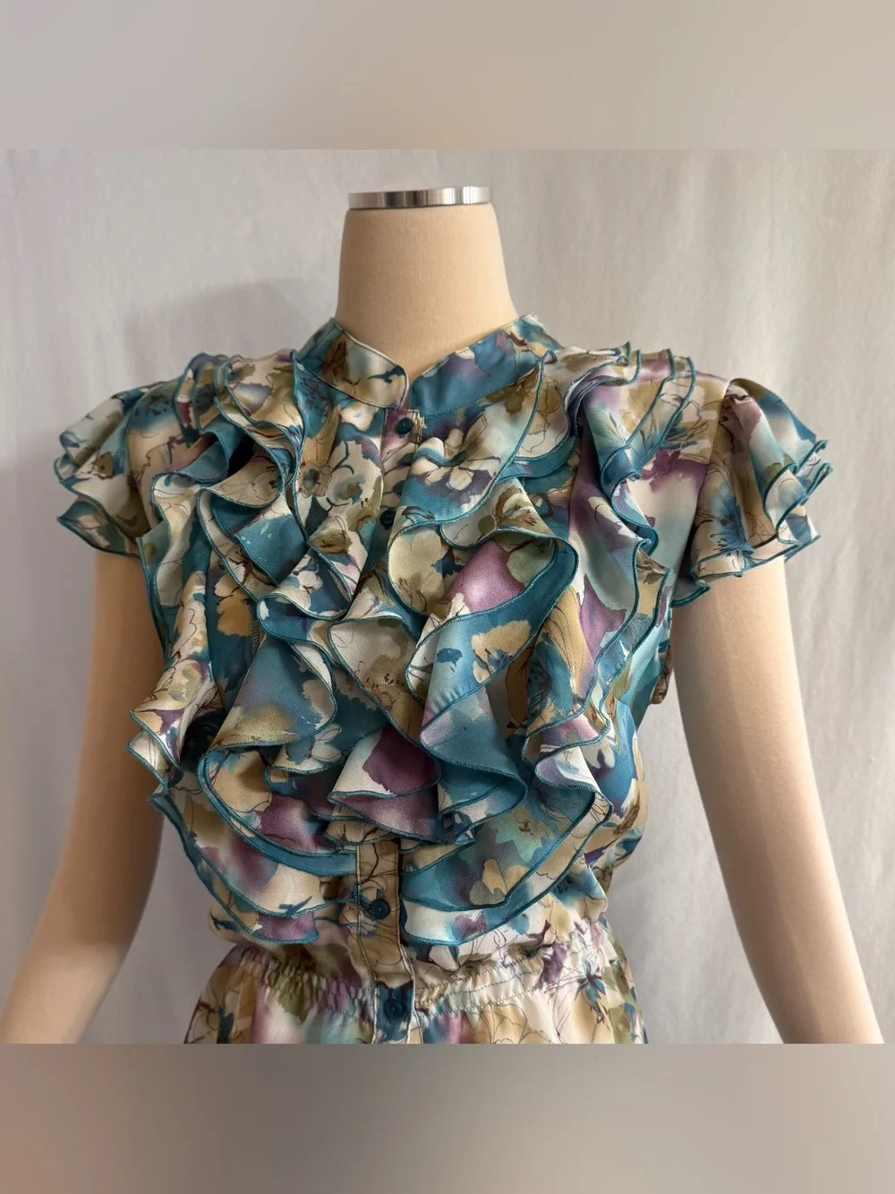 Y2K Floral Watercolor Ruffle Blouse